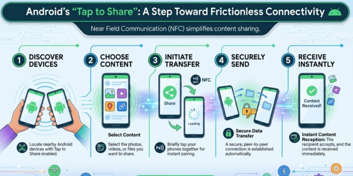 Android smartphone demonstrating tap-to-share file transfer feature using proximity, enabling instant data sharing between two devices similar to iPhone AirDrop.