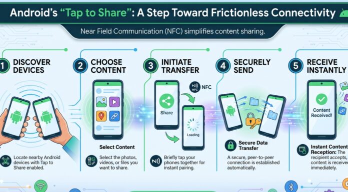 Android’s “Tap to Share”: A Step Toward Frictionless Connectivity Android smartphone demonstrating tap-to-share file transfer feature using proximity, enabling instant data sharing between two devices similar to iPhone AirDrop.