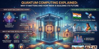 Quantum Computing Explained: Why It Matters and How India Is Building Its Future Quantum computing concept showing futuristic processor chips, glowing qubits, digital networks, and India’s technology ecosystem representing the future of advanced computing innovation.