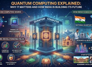Quantum Computing Explained: Why It Matters and How India Is Building Its Future Quantum computing concept showing futuristic processor chips, glowing qubits, digital networks, and India’s technology ecosystem representing the future of advanced computing innovation.
