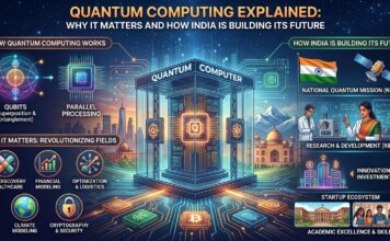 Quantum Computing Explained: Why It Matters and How India Is Building Its Future Quantum computing concept showing futuristic processor chips, glowing qubits, digital networks, and India’s technology ecosystem representing the future of advanced computing innovation.