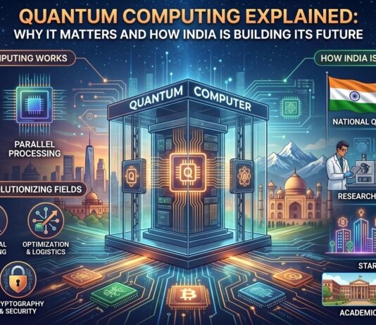 Quantum Computing Explained: Why It Matters and How India Is Building Its Future Quantum computing concept showing futuristic processor chips, glowing qubits, digital networks, and India’s technology ecosystem representing the future of advanced computing innovation.