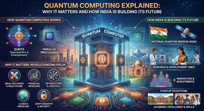 Quantum computing concept showing futuristic processor chips, glowing qubits, digital networks, and India’s technology ecosystem representing the future of advanced computing innovation.
