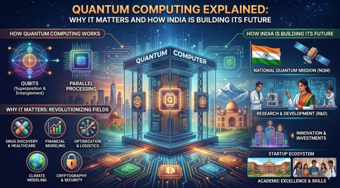 Quantum Computing Explained: Why It Matters and How India Is Building Its Future Quantum computing concept showing futuristic processor chips, glowing qubits, digital networks, and India’s technology ecosystem representing the future of advanced computing innovation.